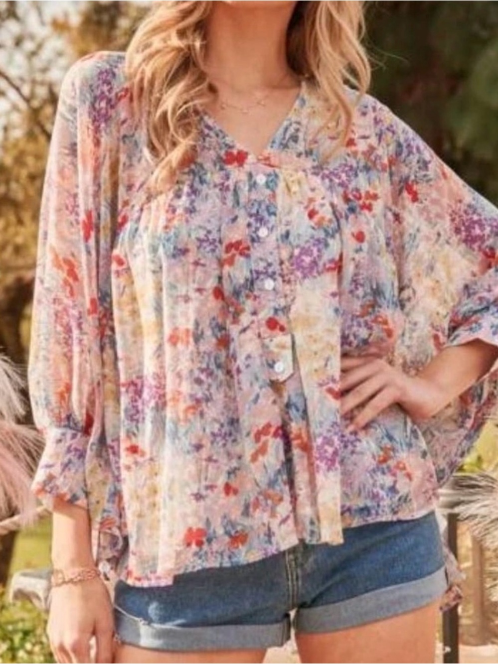 Hailey & Co Balloon Sleeve Multi Floral Lined Oversized Boho Peasant Sz S NWOT - Picture 1 of 10